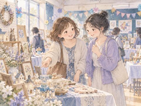 文化祭の展示前で初対面の女性と楽しそうに話す女性