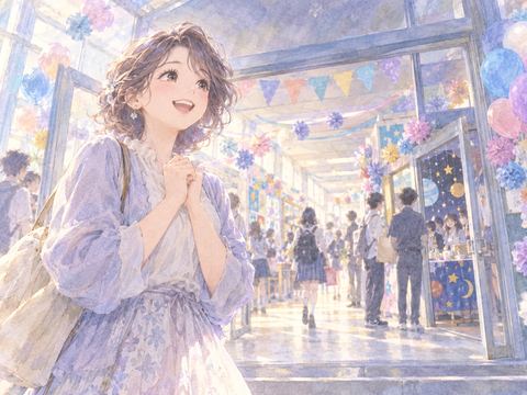 色鮮やかな文化祭の会場を目を輝かせて見渡す女性