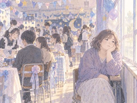 にぎやかな文化祭の教室で退屈そうに座る女性