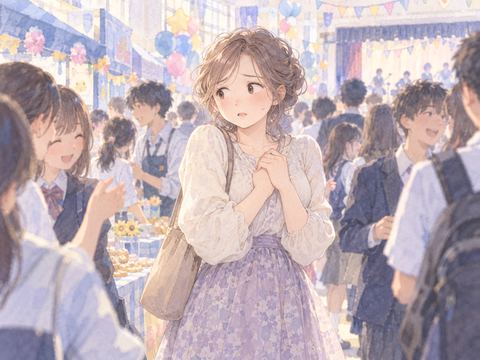 文化祭の人混みで緊張しながら周囲を見回す女性
