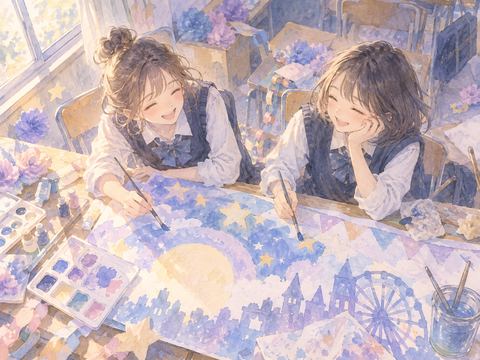 高校時代の姿で友達と文化祭の看板を描く女性