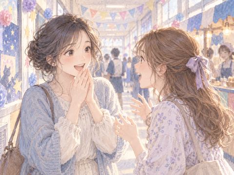 文化祭の会場で昔の友達と再会し笑顔を交わす女性