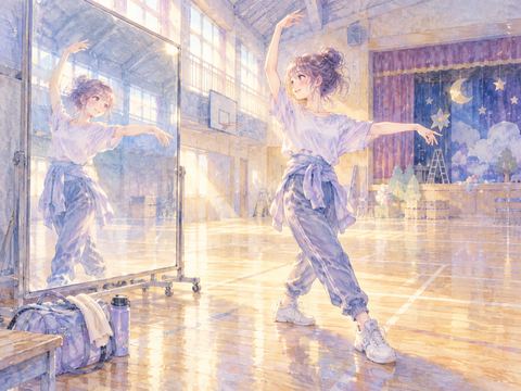 文化祭の舞台に向けて鏡の前でダンスを練習する女性