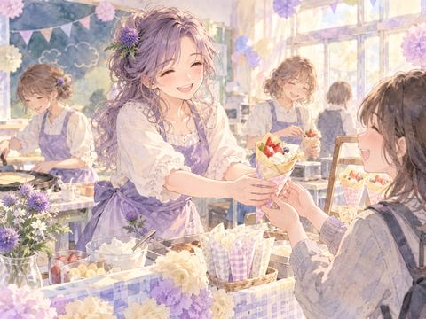 文化祭の模擬店で笑顔のお客さんにクレープを渡す女性