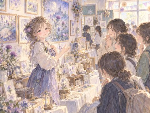 文化祭で自作の絵や手作り作品を来場者に紹介する女性