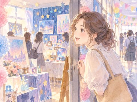 文化祭の展示教室を巡り興味深そうに作品を眺める女性
