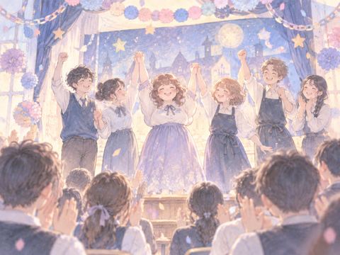 大成功した文化祭の舞台で仲間と喜び合う女性