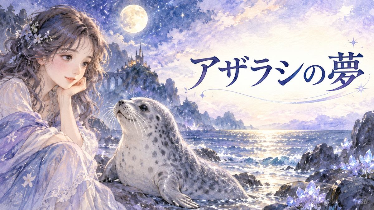 夢の海辺でアザラシを見つめる大人の女性