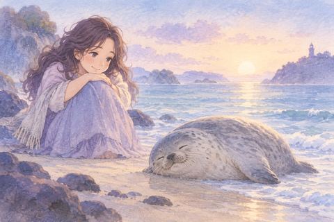 海辺で穏やかなアザラシを見る大人の女性