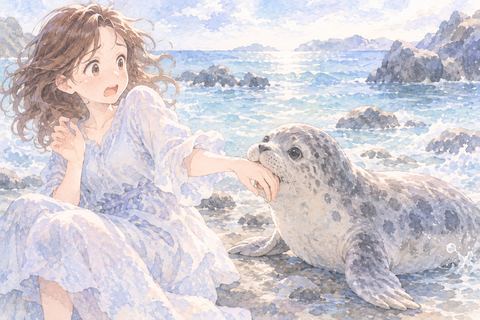 アザラシに手を噛まれ驚く大人の女性
