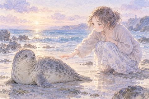 アザラシへそっと手を伸ばす大人の女性