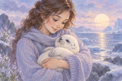 赤ちゃんのアザラシを大切に抱く大人の女性