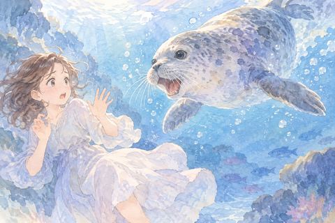 迫るアザラシから身を引く大人の女性