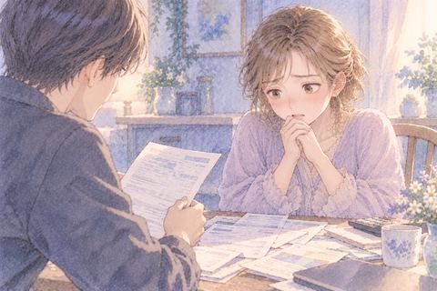 請求書を見られて不安そうにする大人の女性