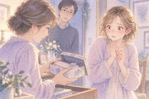 家族に隠していた箱を見つけられ戸惑う女性
