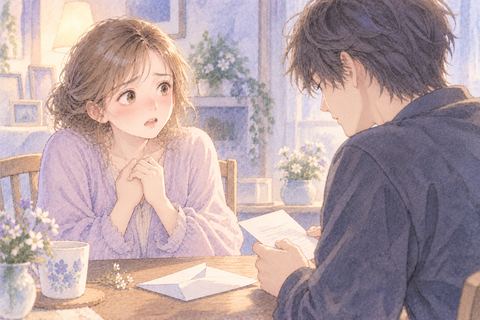 恋人に秘密を知られて不安そうに見つめる女性