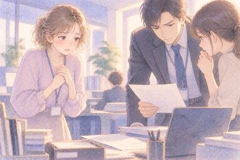 職場で書類を見られて緊張する大人の女性