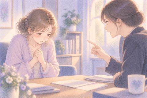 秘密を知られた相手に叱られて縮こまる女性