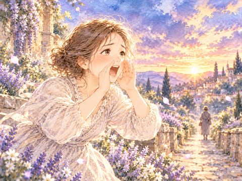 薄暗い道で遠くの人影に向かって必死に助けを叫ぶ女性