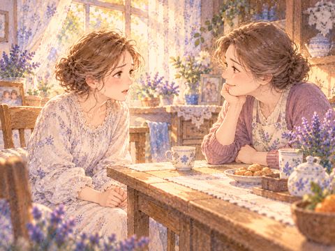 実家の食卓で母親に助けを求める大人の女性