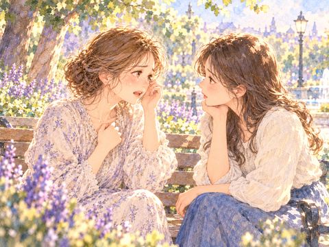 公園のベンチで友達に助けを求める女性
