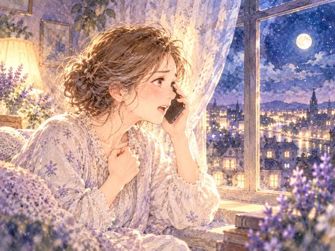 夜の部屋でスマートフォンを耳に当て助けを求める女性