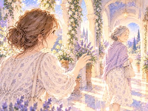 知人に声をかけようとして手を伸ばしかける女性