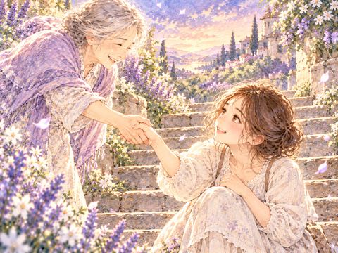 階段に座り込んだ女性が差し伸べられた手を取って安心する場面