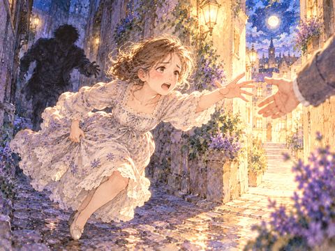 迫る不気味な人影から逃げながら助けを叫ぶ女性