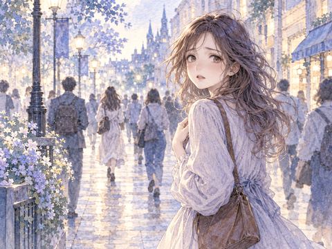 友達とはぐれて人混みを見渡す不安そうなアザミ