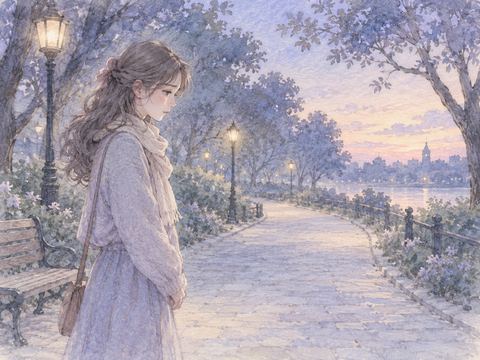友人とはぐれた後の静かな道で寂しそうに立つ女性