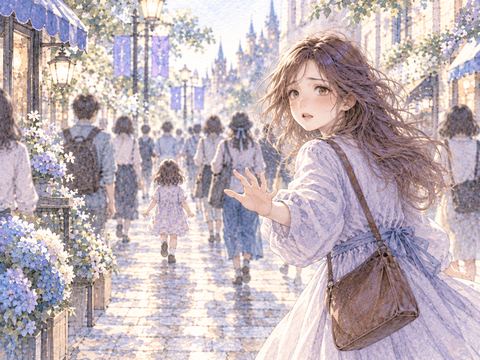 人混みで子供とはぐれ、心配そうに探す女性