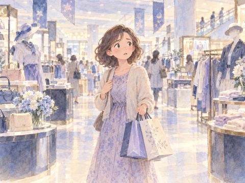 買い物中に家族とはぐれて売り場を見渡す女性