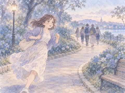 遠ざかる団体の列を慌てて追いかける女性