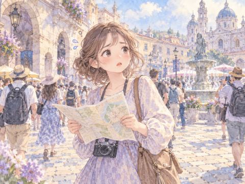 知らない観光地で友達とはぐれ困惑する女性