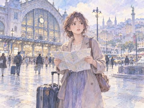 旅先の駅で家族とはぐれ、地図を見る女性