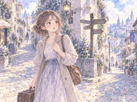 同行者とはぐれ、知らない街角で一人立つ女性