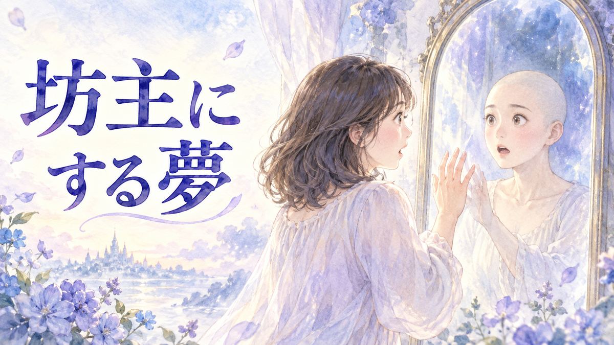 鏡に映る自分の坊主頭を驚きながら見つめる大人の女性