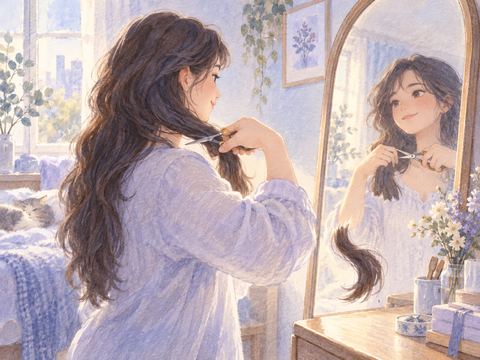鏡の前で自分の長い髪を切り始める決意した女性