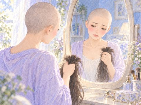 坊主頭になった自分を鏡で見て後悔する女性