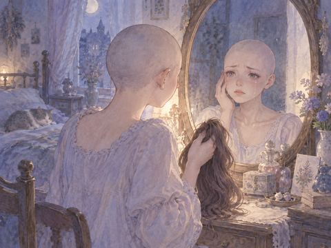 坊主頭になった自分を鏡で見つめて涙を流す女性