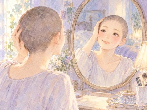 鏡に映った自分の坊主頭を見て嬉しそうに笑う女性