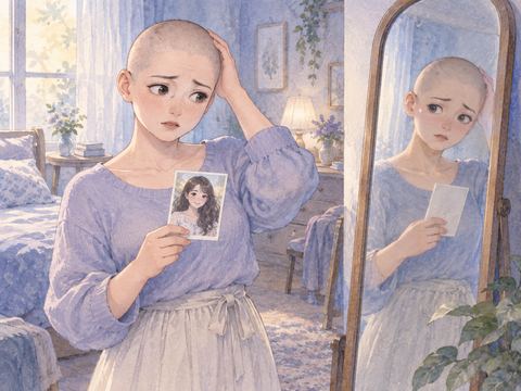 坊主頭の自分を鏡で見て困った表情を浮かべる女性