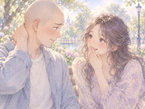 坊主頭になった恋人を見て驚きながら微笑む女性