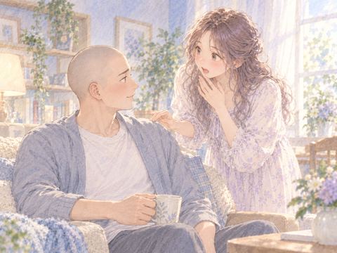 坊主頭になった夫を見て驚きながら話しかける妻