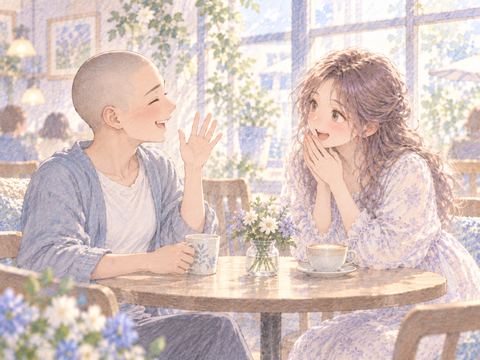 坊主頭になった友達を見て驚く大人の女性