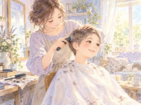 知人の髪をバリカンで丁寧に剃る女性
