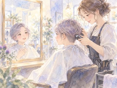 美容院で美容師に髪を短く剃ってもらう女性