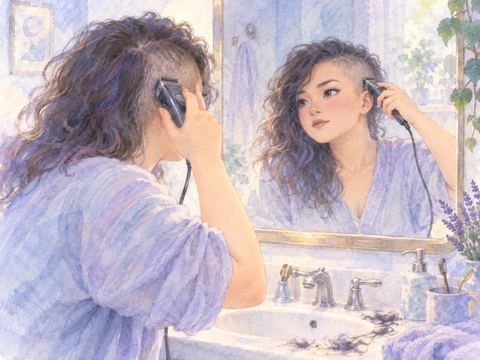 洗面台の鏡を見ながらバリカンで自分の髪を剃る女性