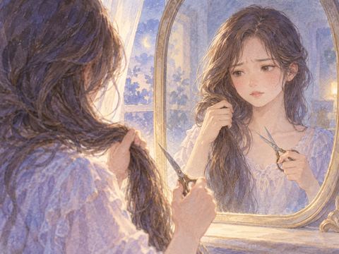 鏡の前でハサミを持ったまま髪を切るのをためらう女性